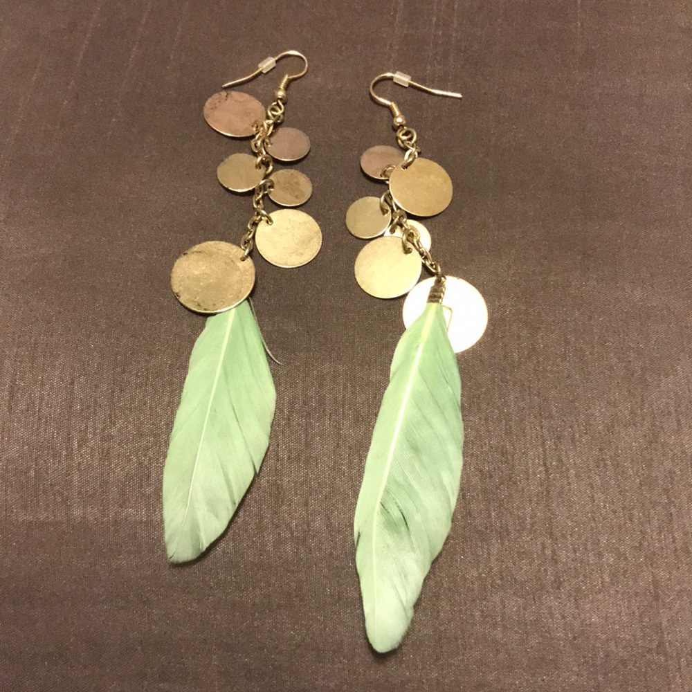 Green feather earrings